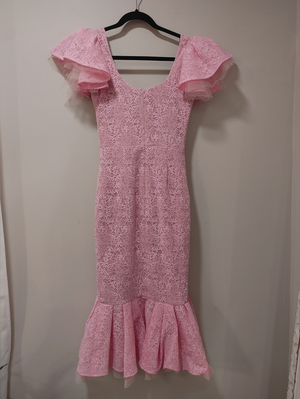 NADINE MERABI Pink Lace Mermaid Midi Dress with Ruffle Sleeves - Picture 6 of 10